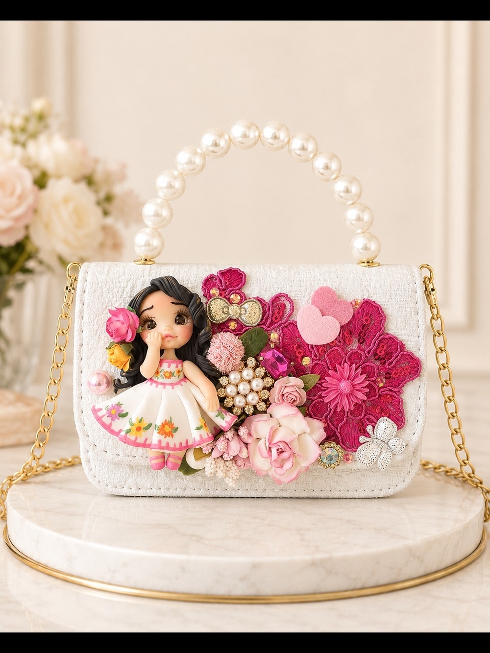 Handcrafted Pearl Handle Mini Bag With Clay Doll& Floral Applique.